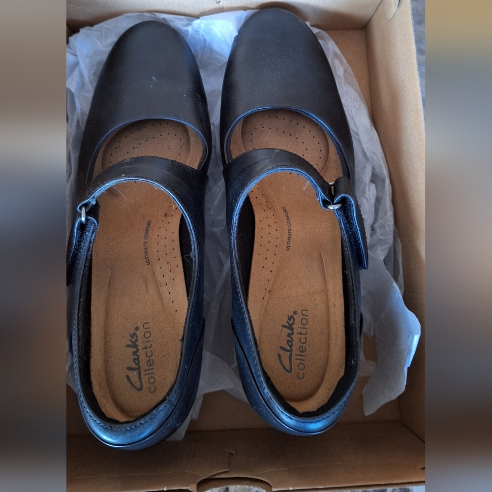 Clarks Black Mary Jane Real Leather Shoes - 10 Wide